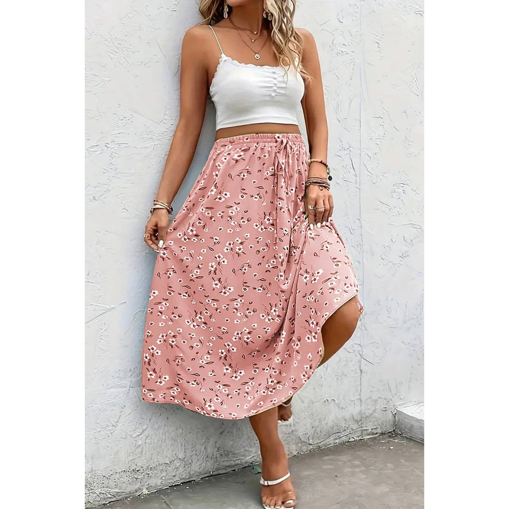 Floral Print Drawstring Waist Skirt: PINK