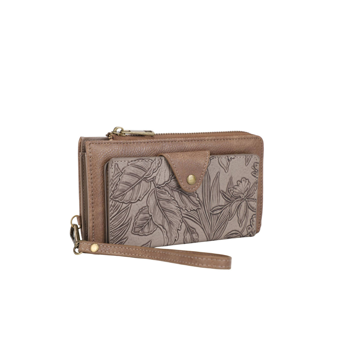 ANDREA WALLET WITH TOOLED HIBISCUS DETAIL: Stone