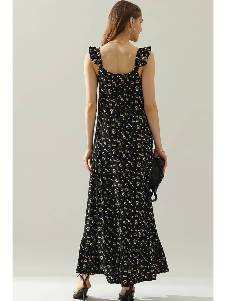 RUFFLE DETAILED SLEEVELESS MAXI DRESS: BLACKYELLOWFRL