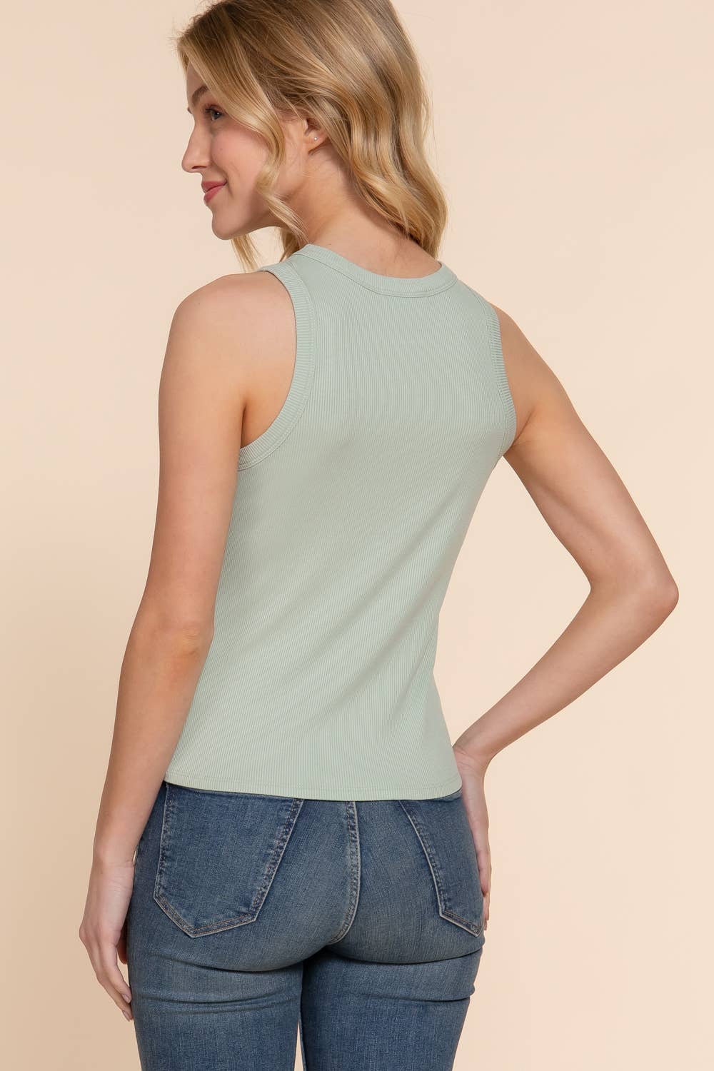 Sleeveless Crew Neck Rib Knit Top : Mnt-Sage