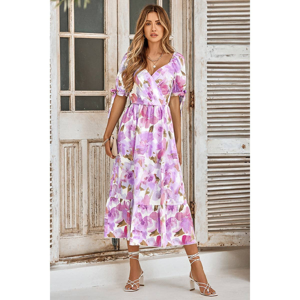 Floral Paint Short Sleeve Tie Cuff Surplice Neck Dress: PURPLE