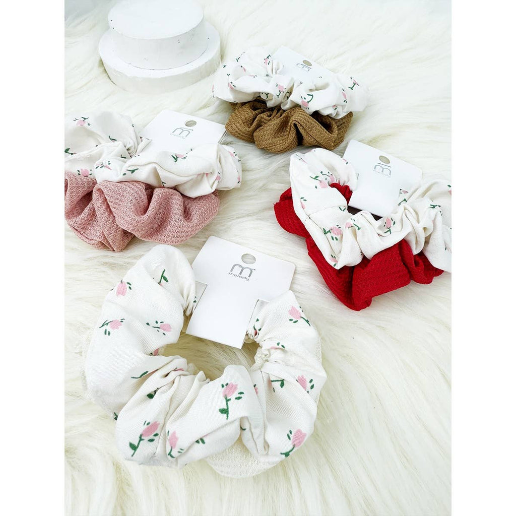 Waffle and Floral Pattern Combo Soft Scrunchies