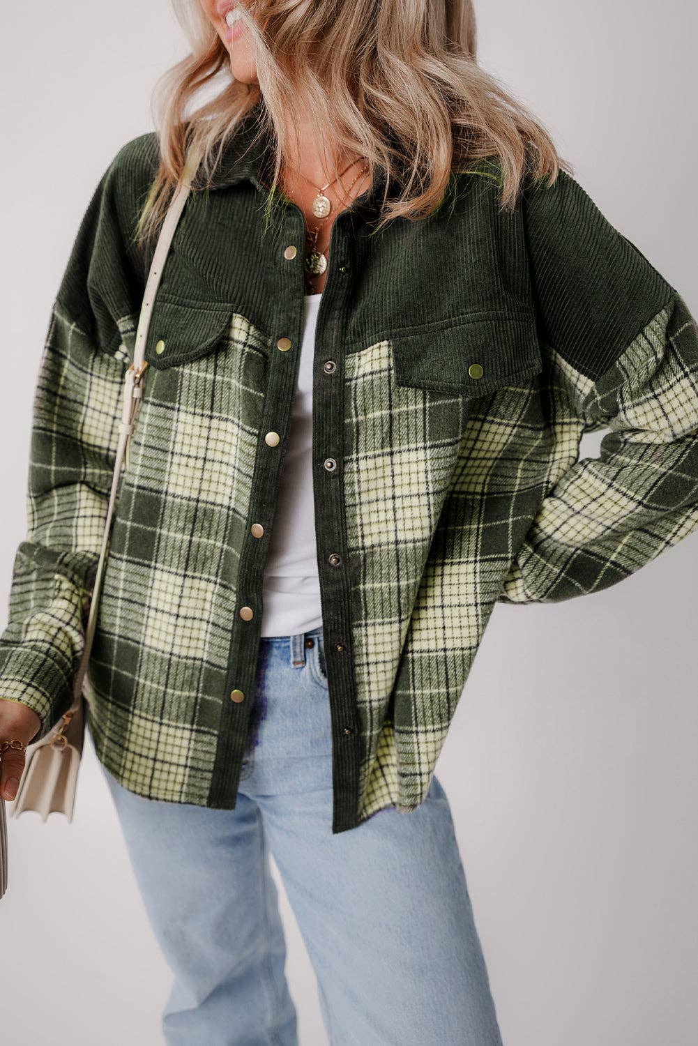 Blackish Green Snap Buttons Colorblock Plaid Shacket: Blackish Green / 100%Polyester / S