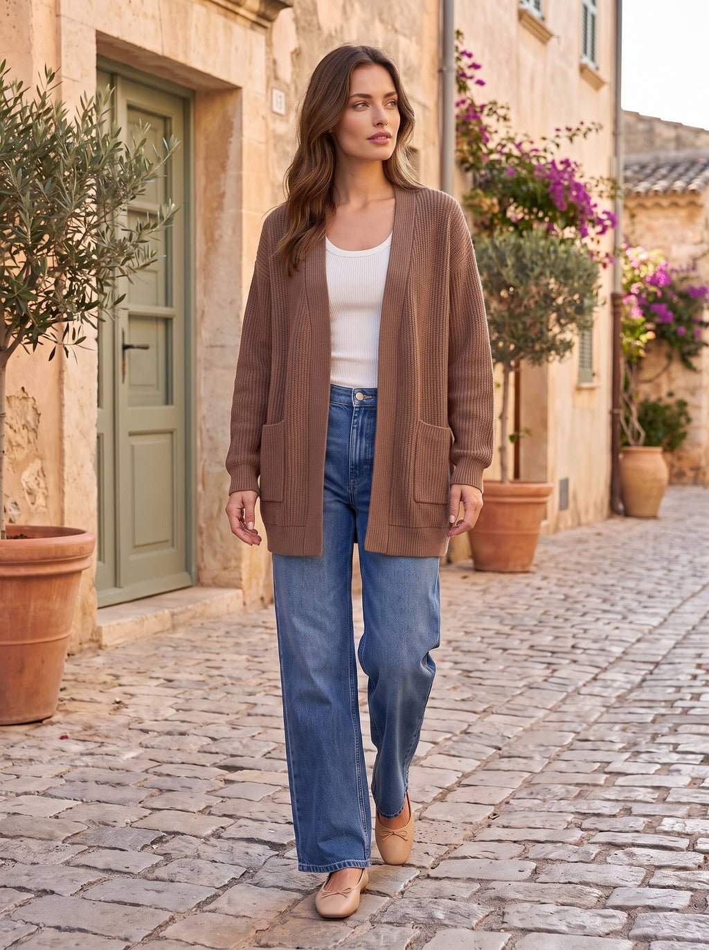 Curly Rib Relaxed Front Pocket Cardigan: MOCHA