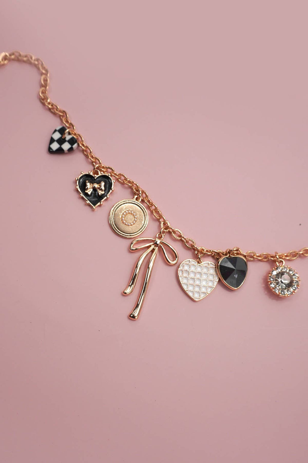 BOW CHECKER HEART & RHINESTONE CHARM NECKLACE