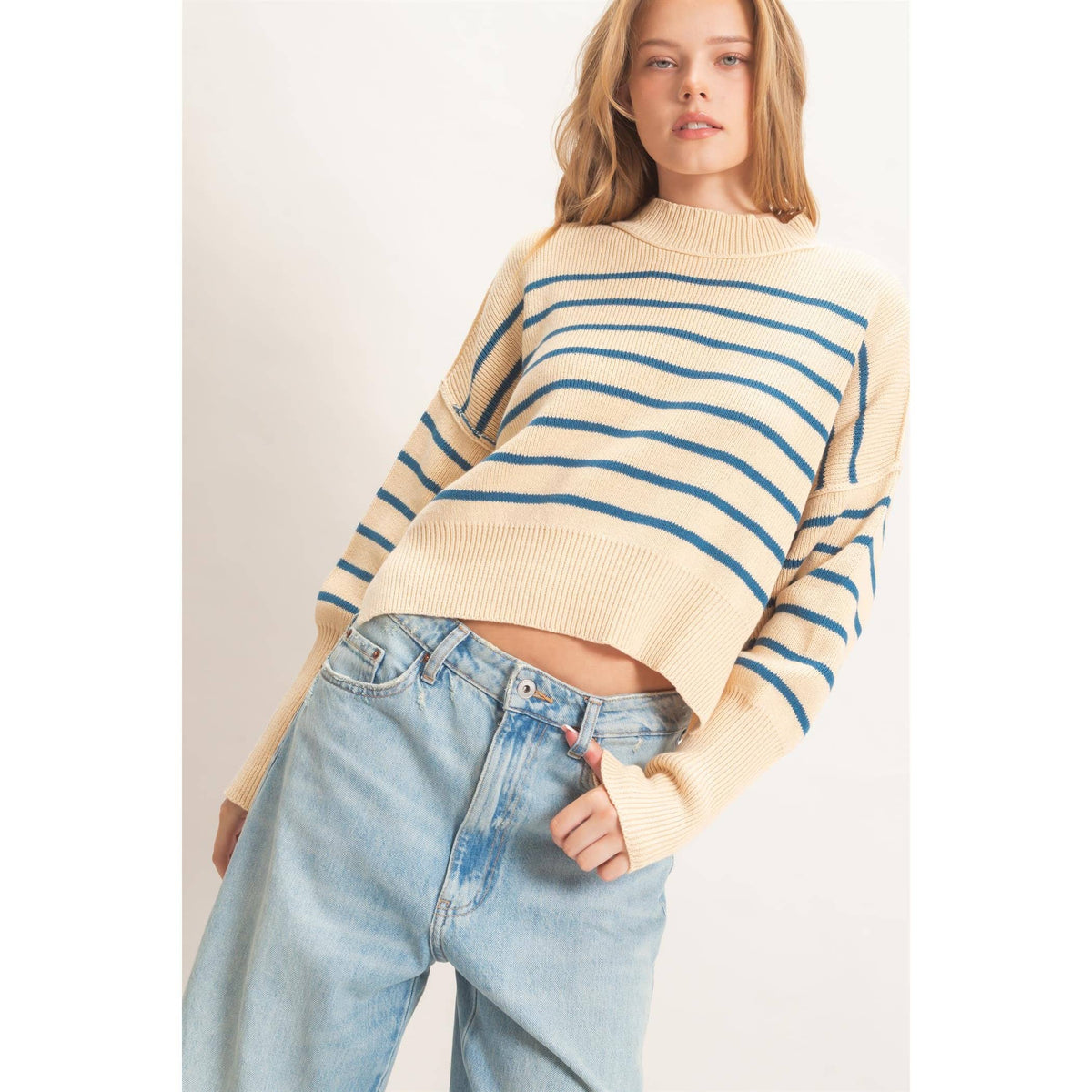 Striped Mock Neck Cropped Sweater