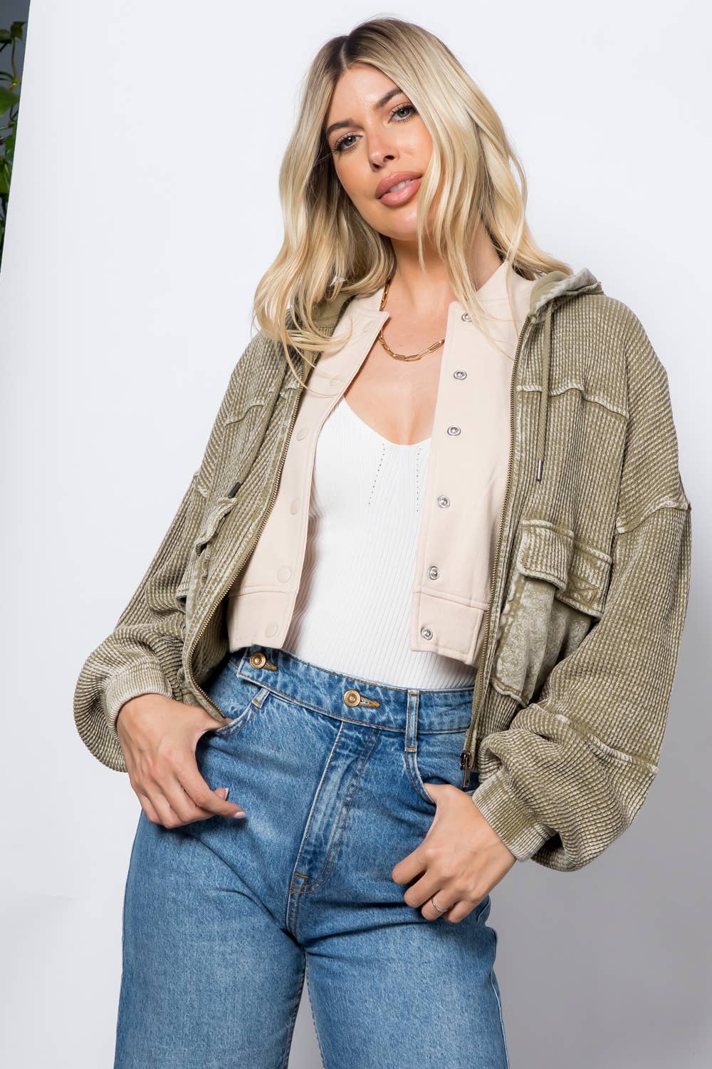 Garment Dye Heavy Waffle Knit Hoodie Jacket