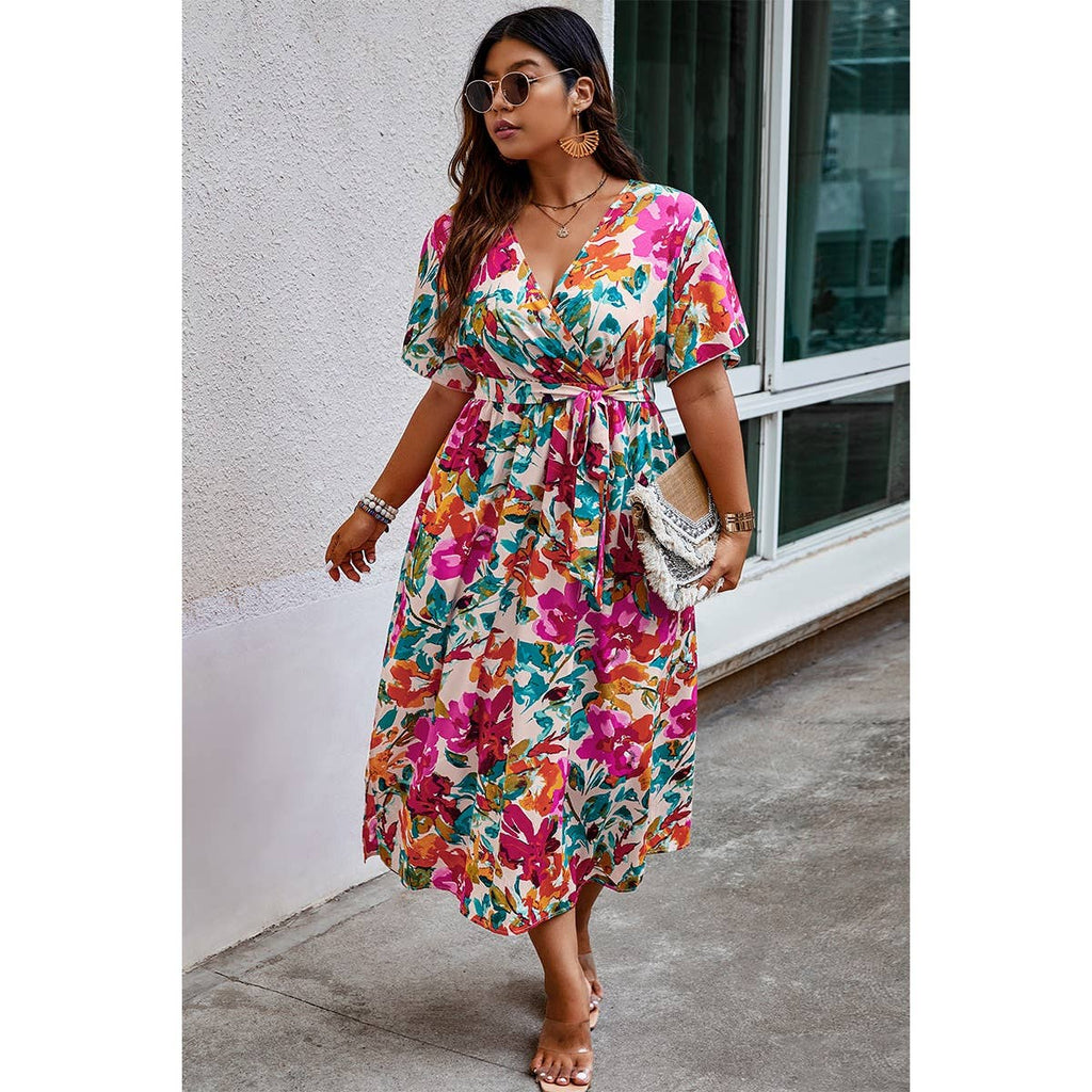 Floral Print Wrap Dress: MULTI