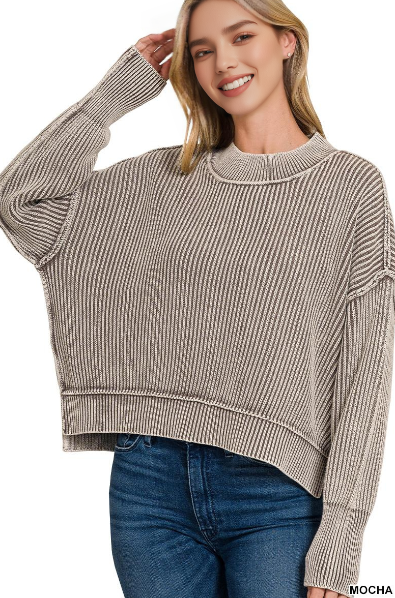 Mineral Washed Oversized Cropped Sweater: MOCHA