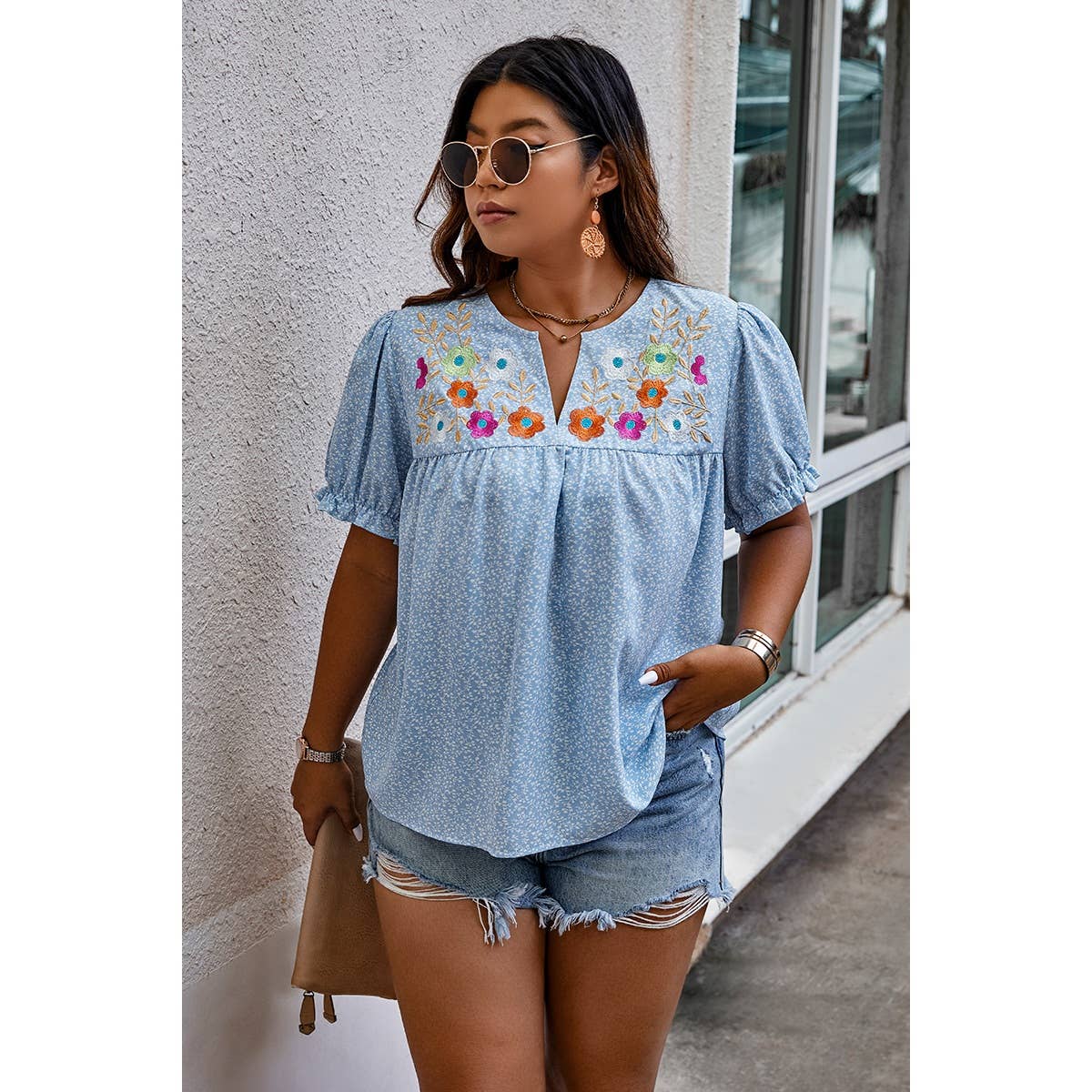 Floral Print V Neck Loose Fit Top: BLUE