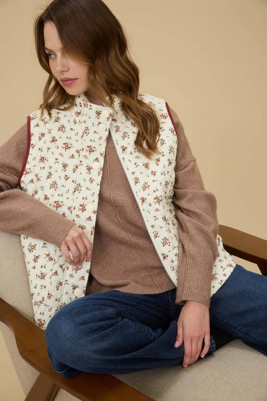 FLORAL QUILTED ZIP-UP PUFFER VEST: CREAM MULTI