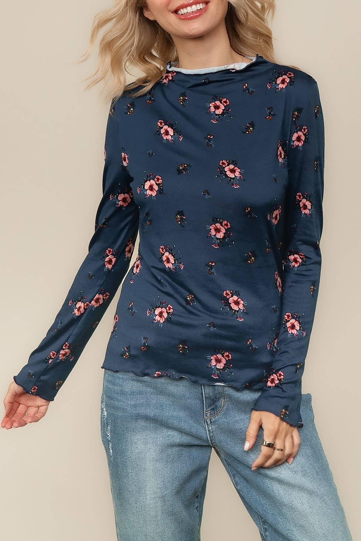 FLORAL PRINT LONG SLEEVE KNIT BLOUSE TOP