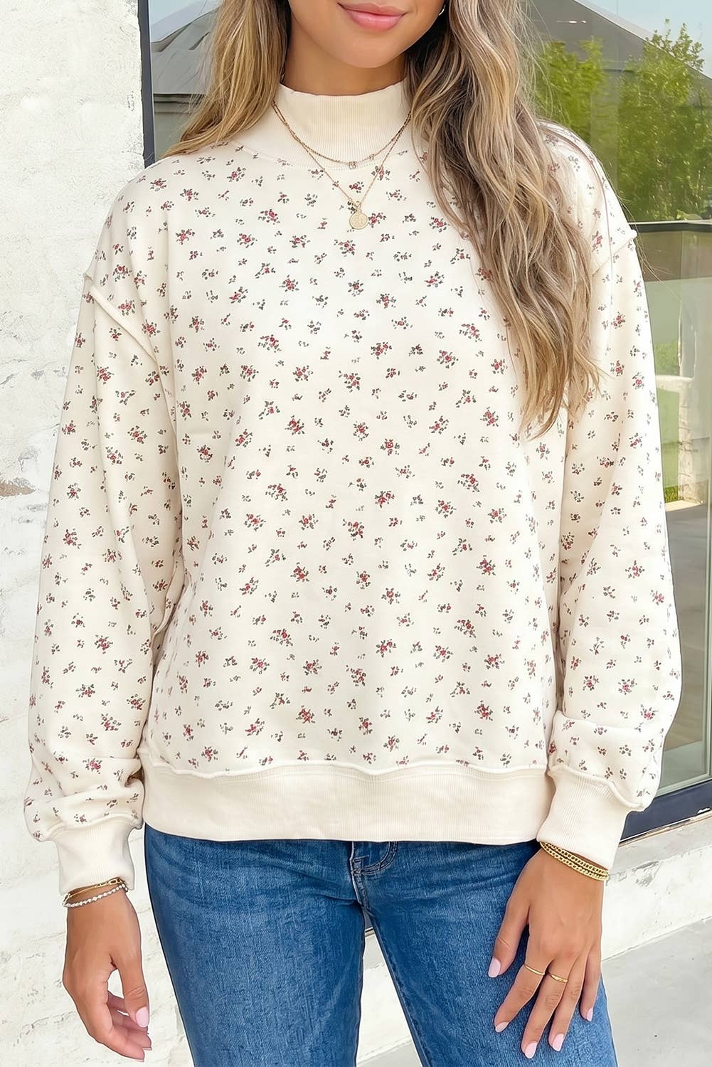 Floral Mockneck Long Sleeve Shift Sweatshirt