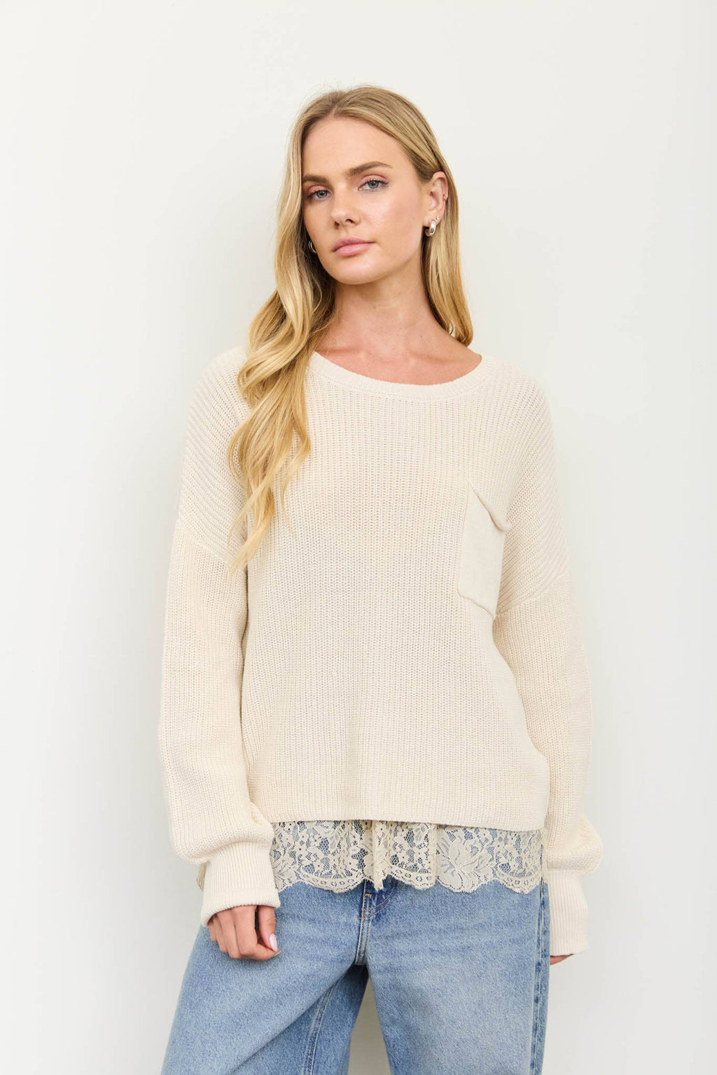 RAW EDGE CROPPED LONG SLEEVE KNIT SWEATER: CREAM