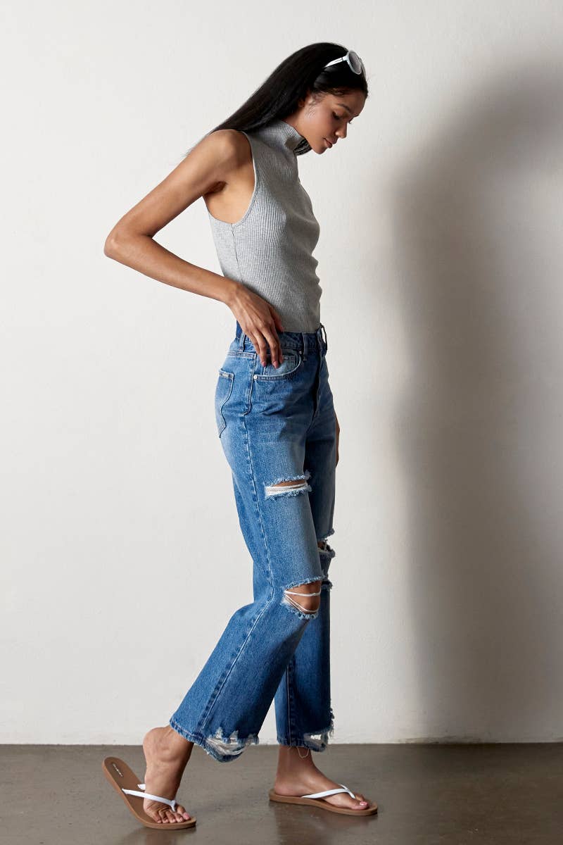 High Rise Destructed Straight Jeans: AGED DARK