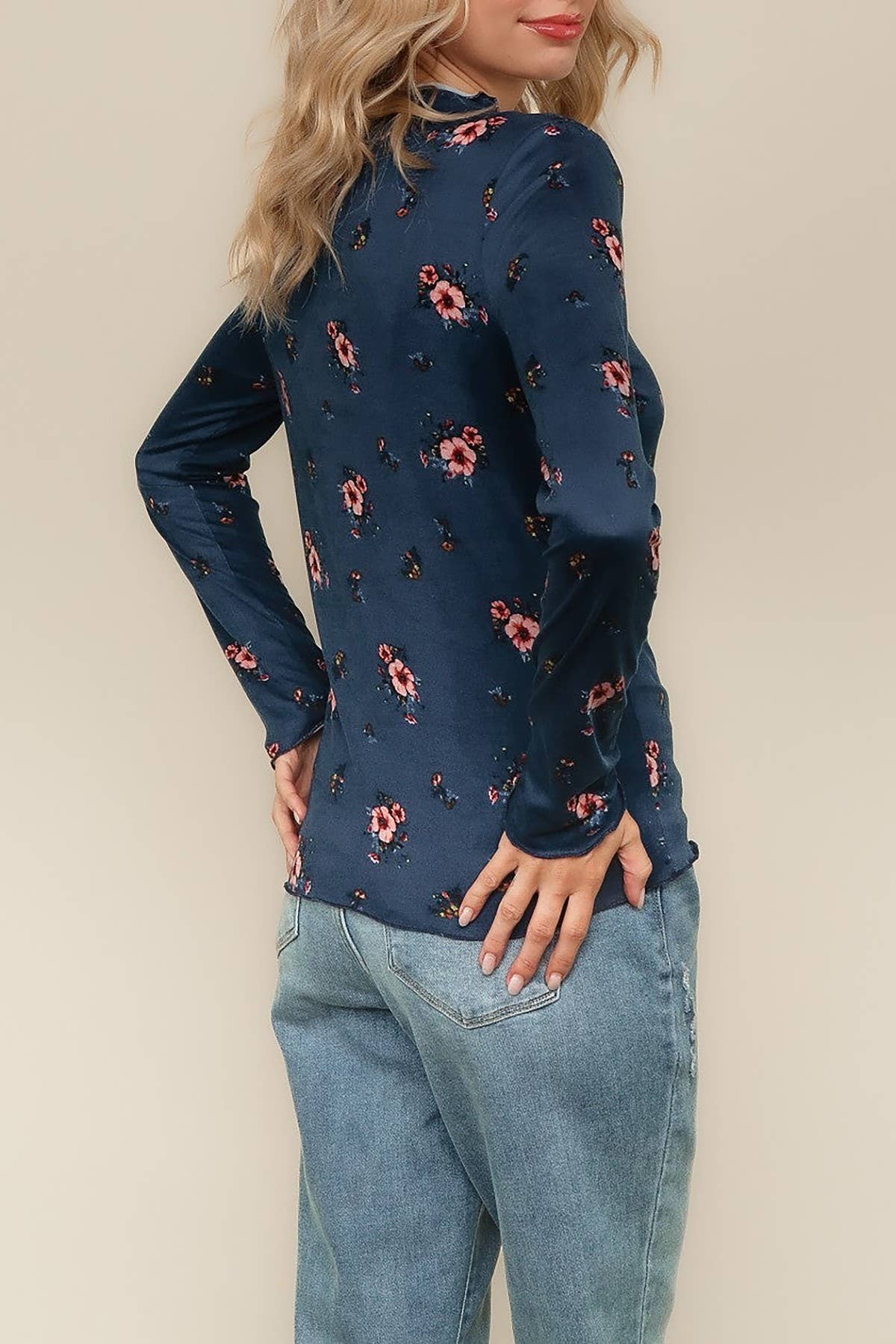 FLORAL PRINT LONG SLEEVE KNIT BLOUSE TOP
