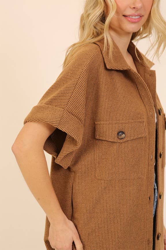 Brushed Waffle Button Down Jacket: Mocha