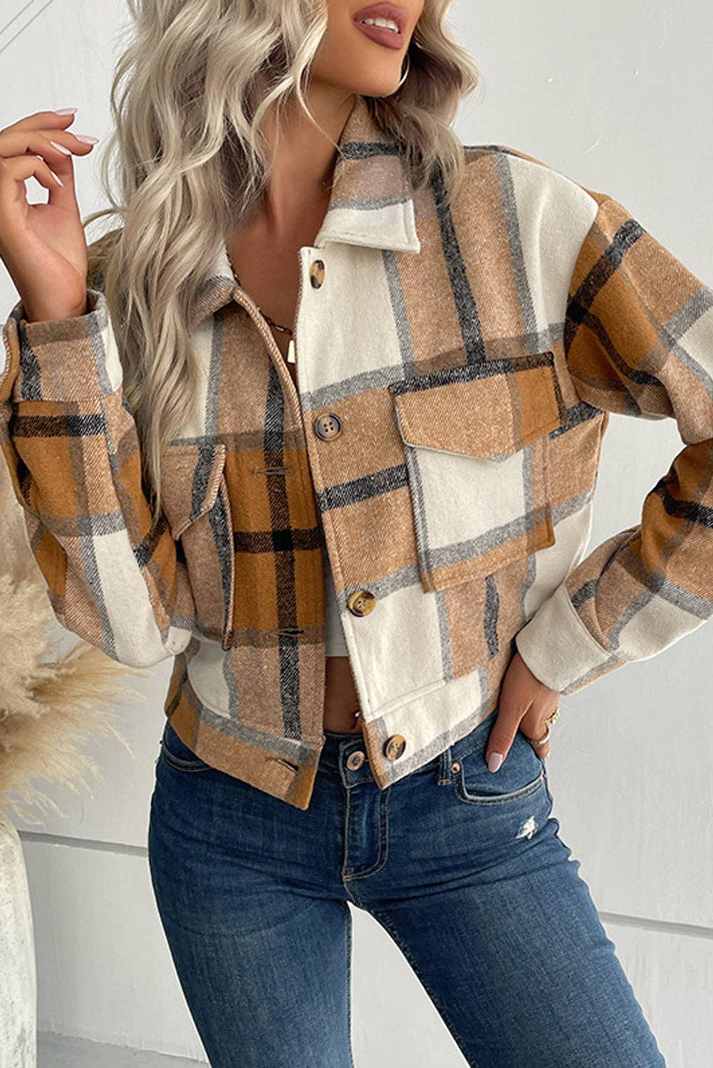 Buttoned Plaid Jacket With Pocket: Khaki