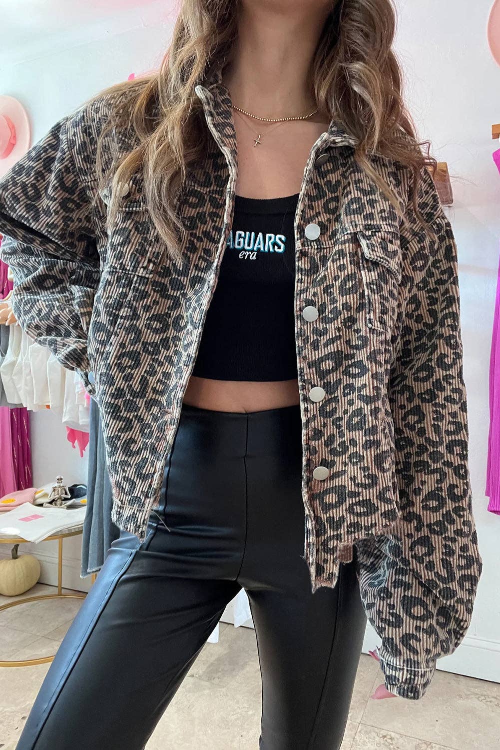 Leopard Corduroy Irregular Hem Jacket: Dark Khaki
