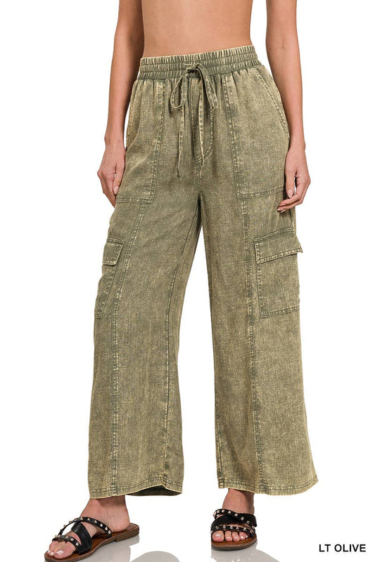 Washed Linen Cargo Pants: OLIVE