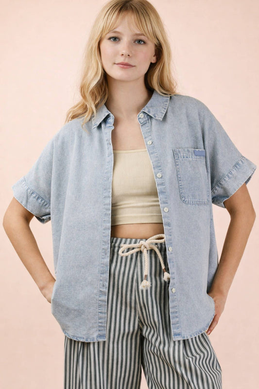 Mineral Washed Chambray Oversized Shirt Top: LT INDIGO