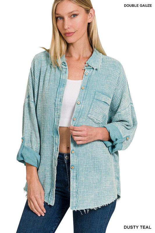 MINERAL WASHED DOUBLE GAUZE BUTTON DOWN SHIRT: DUSTYTEAL