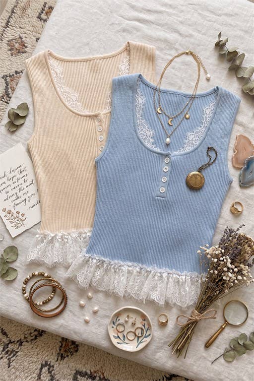 Lace Trim Ribbed Button Tank Top: Blue