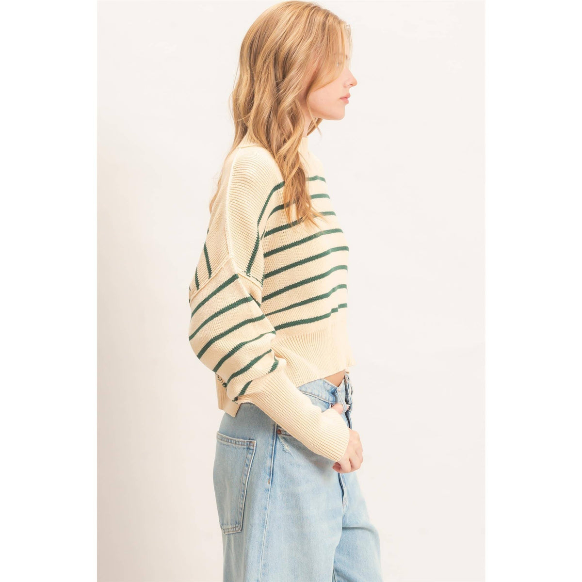 Striped Mock Neck Cropped Sweater: GREEN