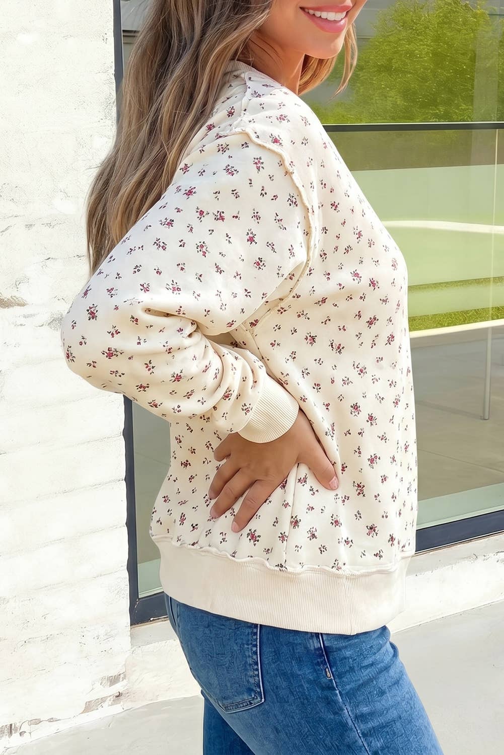 Floral Mockneck Long Sleeve Shift Sweatshirt
