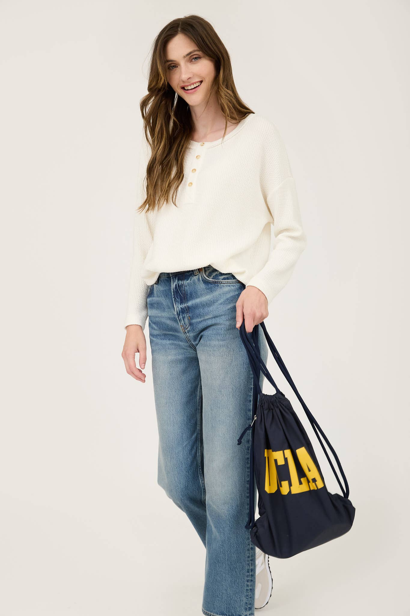 WAFFLE KNIT HENLEY LONG SLEEVE KNIT TOP: CREAM