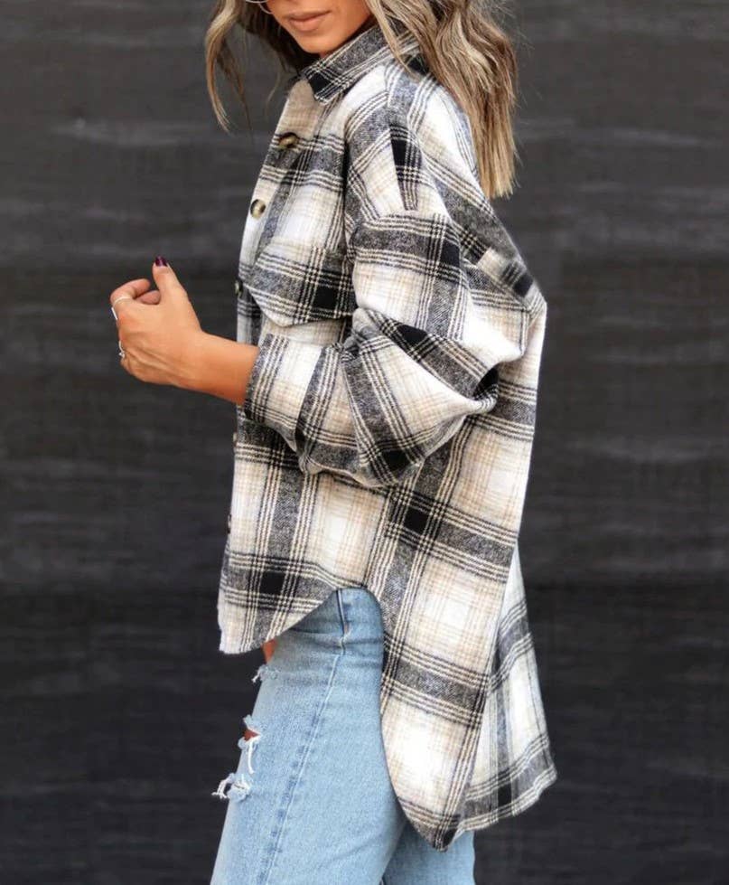 Classic plaid tartan button through basic shacket: Black / L