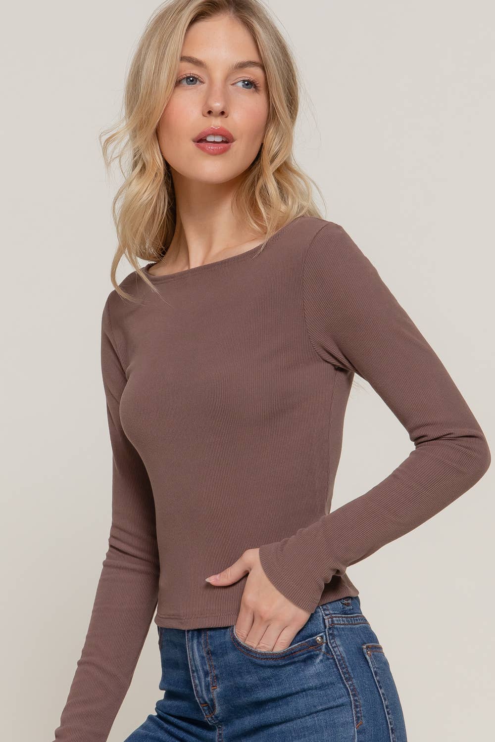 Boat Neck Brushed Rib Knit Top