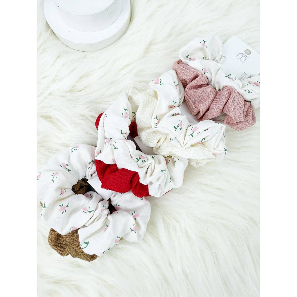 Waffle and Floral Pattern Combo Soft Scrunchies