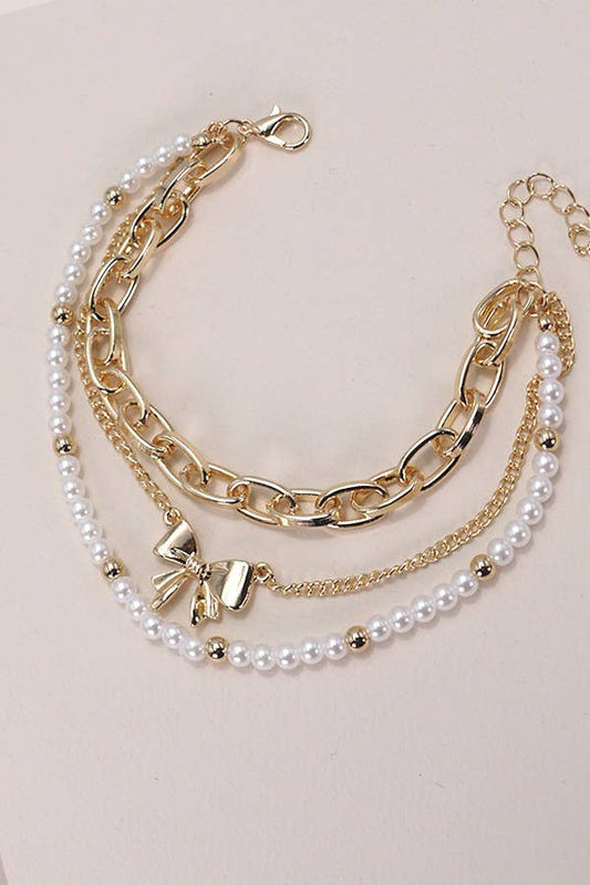 BOW PEARL LINK TRIO SET BRACELETS: GOLD
