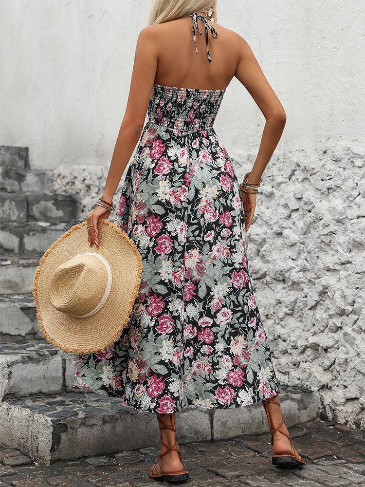 Backless print high waist halter dress
