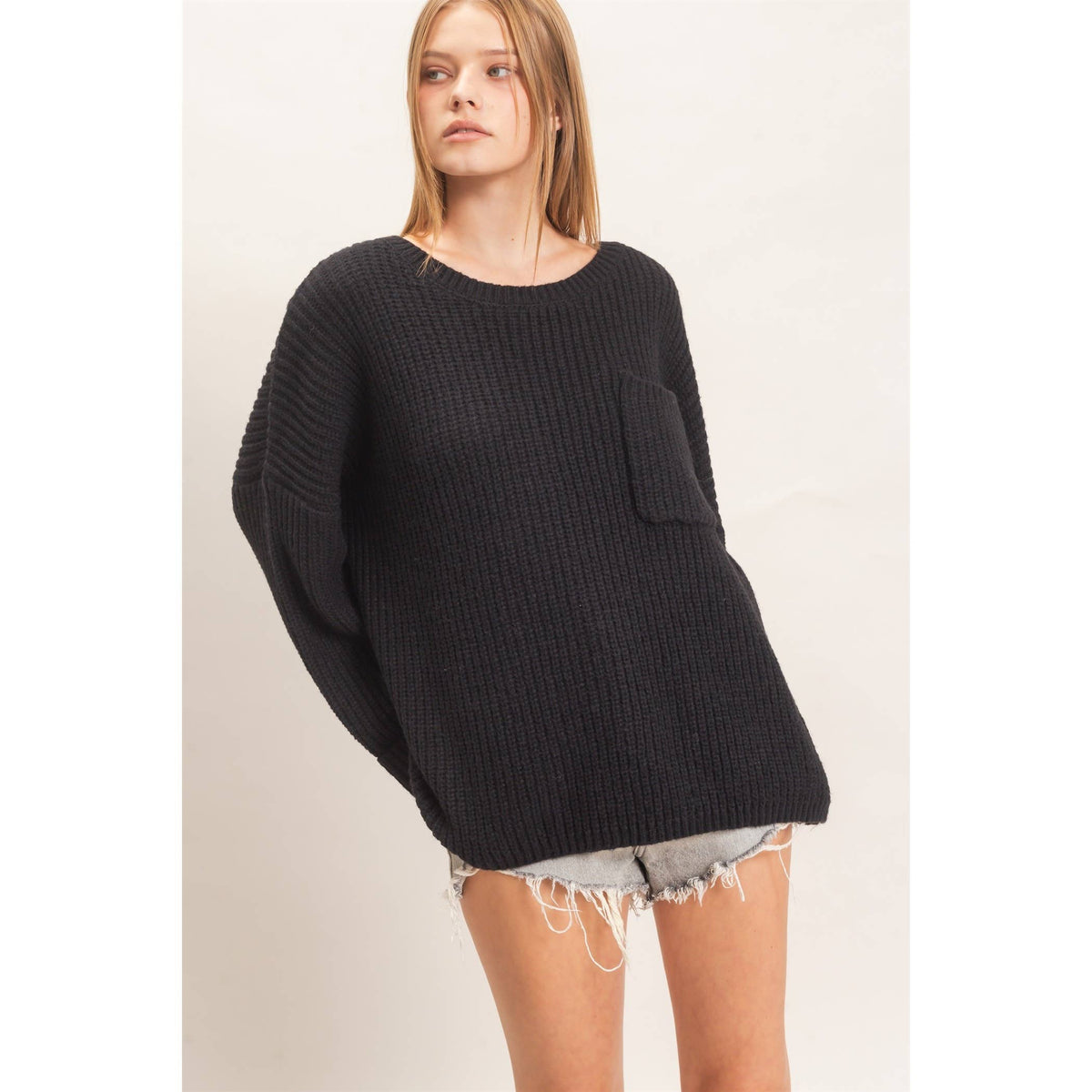 Ribbed Knit Patch Pocket Sweater: BLACK