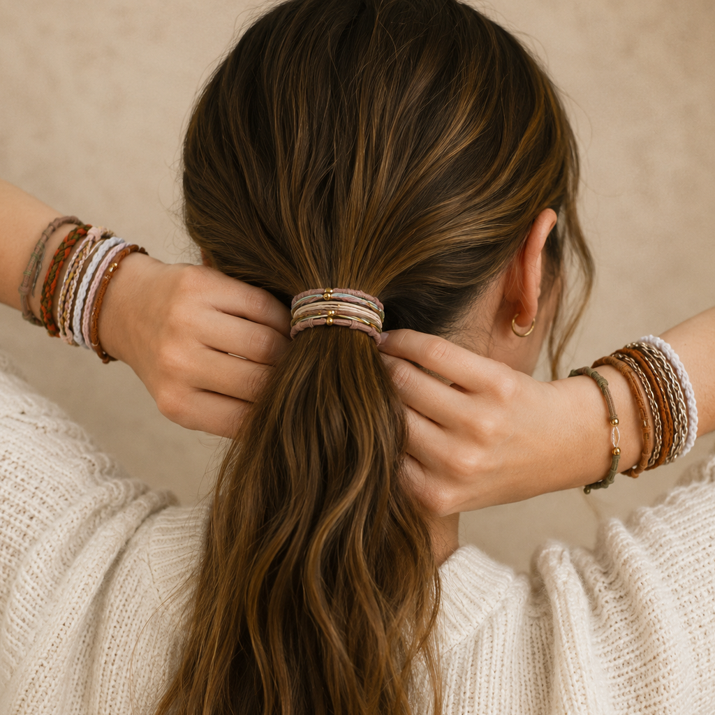 Boho Multi-Style Hair Tie Bracelet Set: Ivory