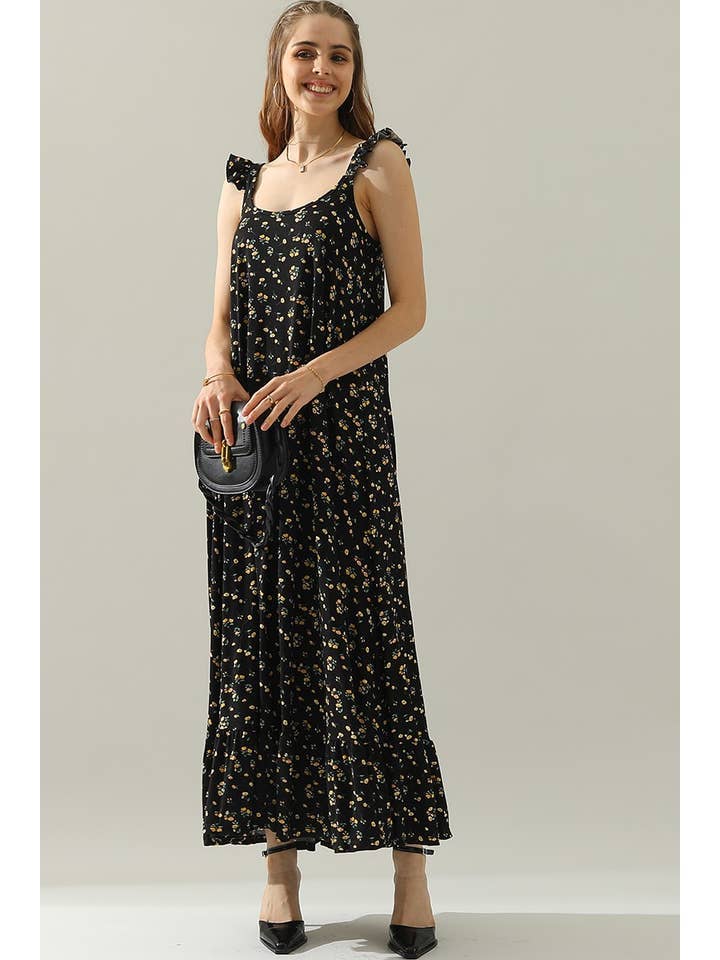 RUFFLE DETAILED SLEEVELESS MAXI DRESS: BLACKYELLOWFRL