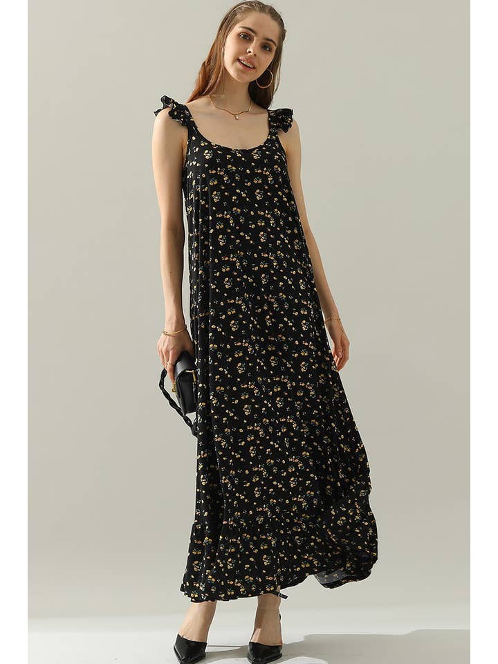 RUFFLE DETAILED SLEEVELESS MAXI DRESS: BLACKYELLOWFRL