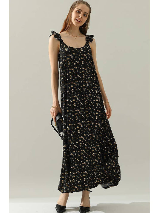 RUFFLE DETAILED SLEEVELESS MAXI DRESS: BLACKYELLOWFRL
