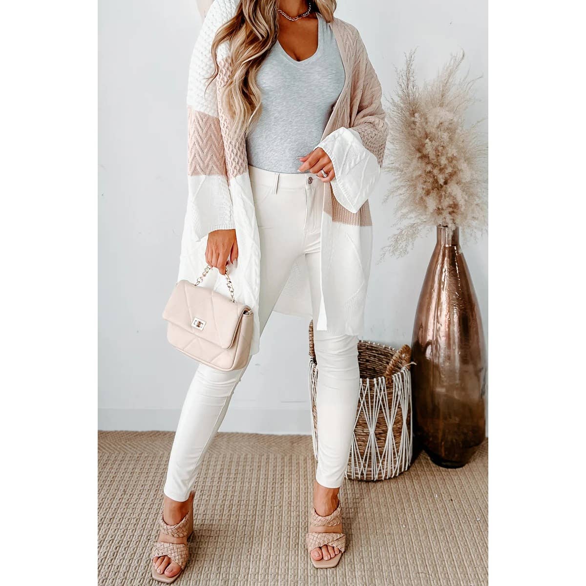 Color Block Knit Bell Sleeve Loose Cardigan