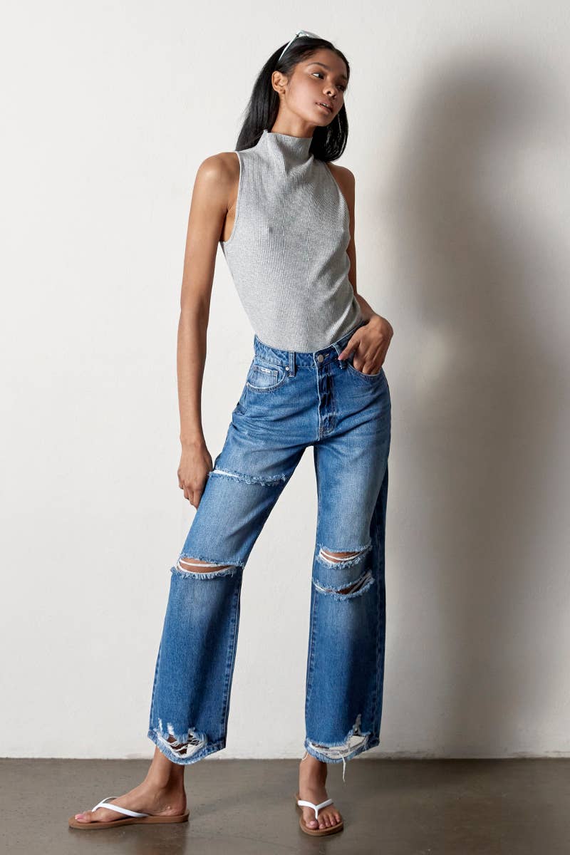 High Rise Destructed Straight Jeans: AGED DARK