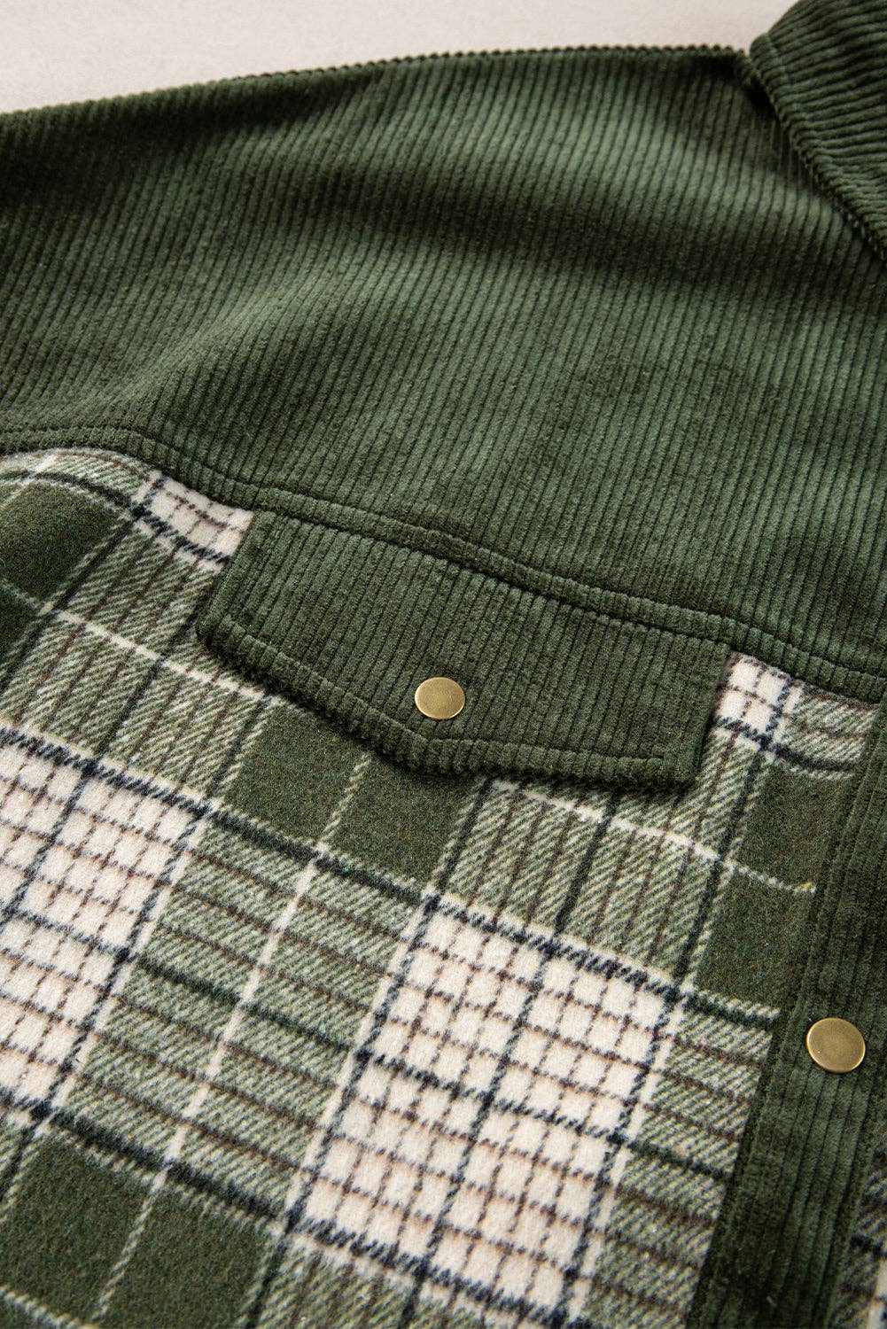 Blackish Green Snap Buttons Colorblock Plaid Shacket: Blackish Green / 100%Polyester / S