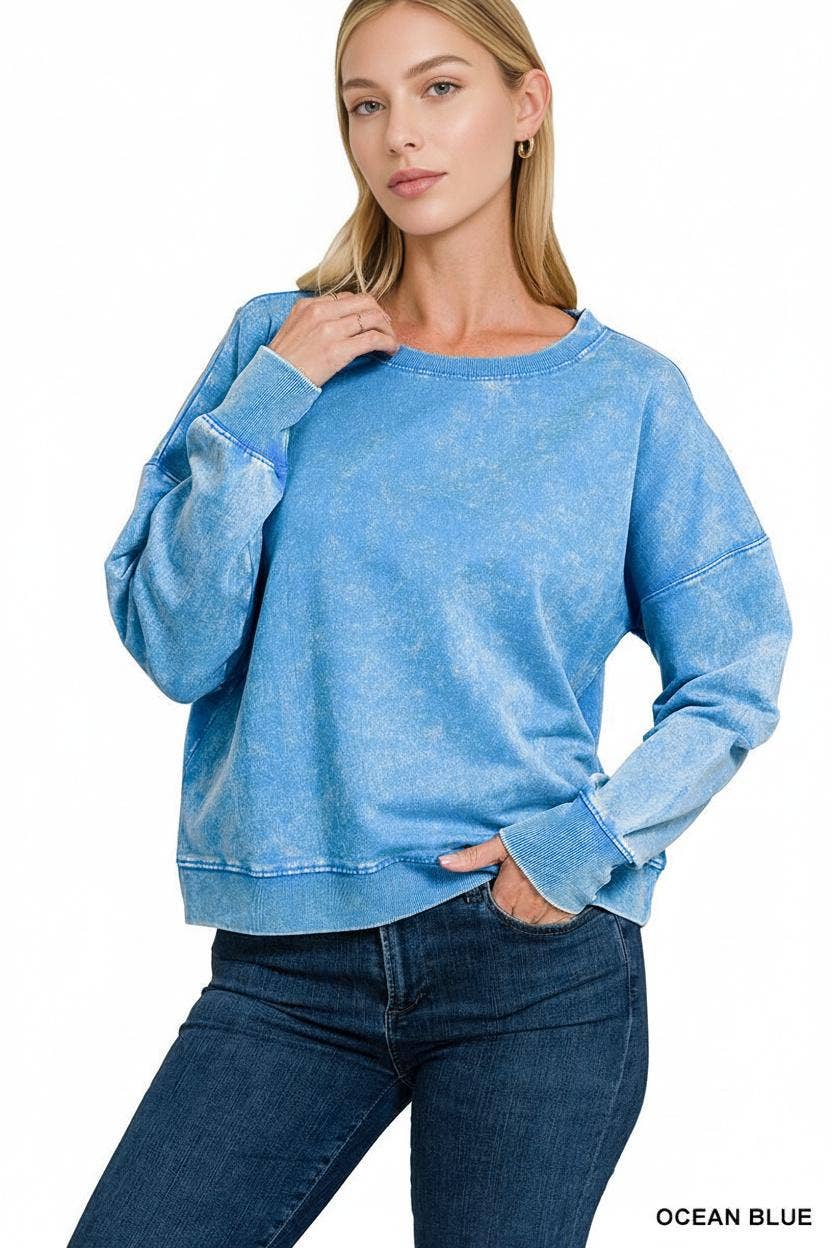 Acid Wash Boat Neck Pullover - OCEAN BLUE
