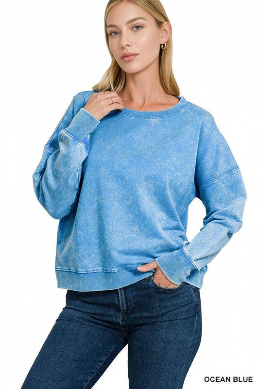 Acid Wash Boat Neck Pullover - OCEAN BLUE