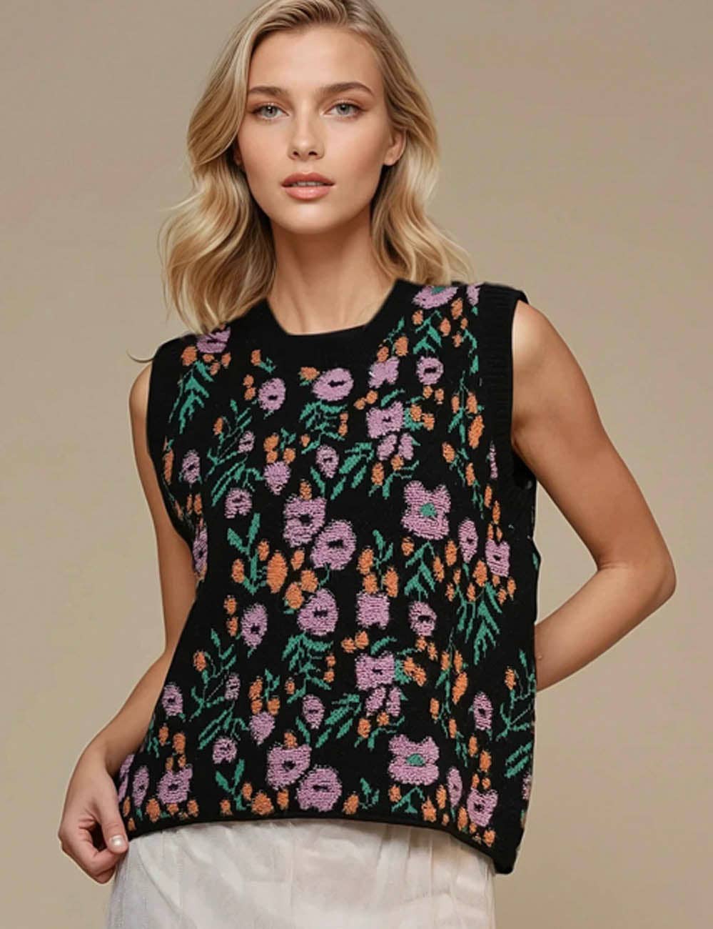 Floral Knit Sleeveless Sweater Vest
