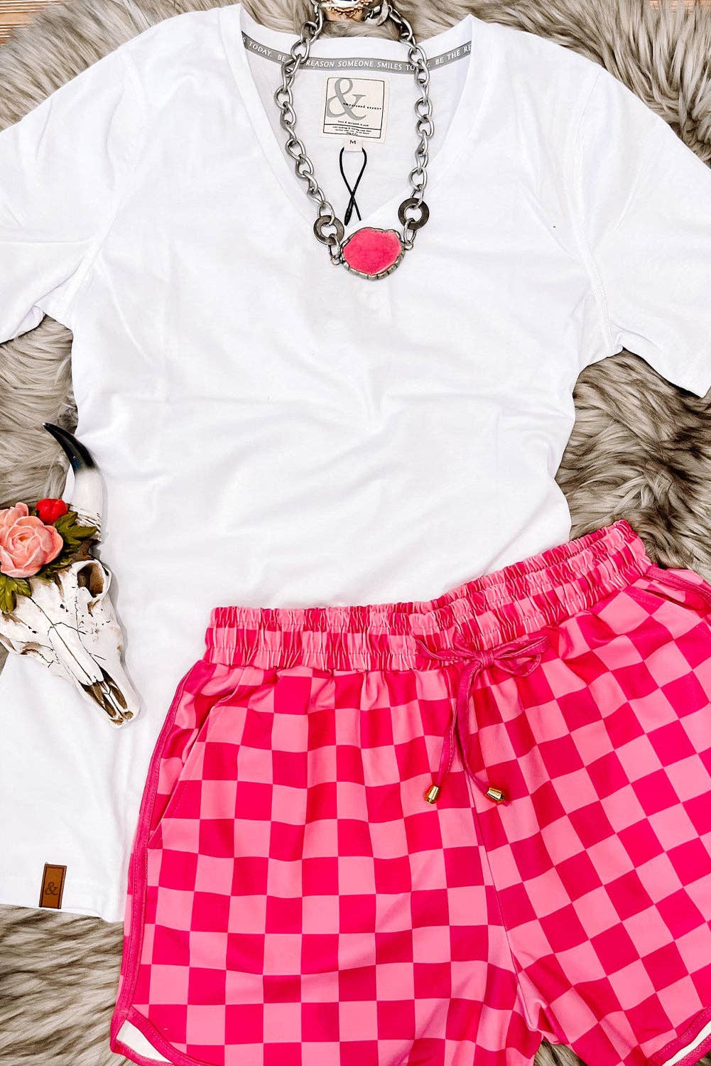 Checkered Drawstring Shorts: Pink