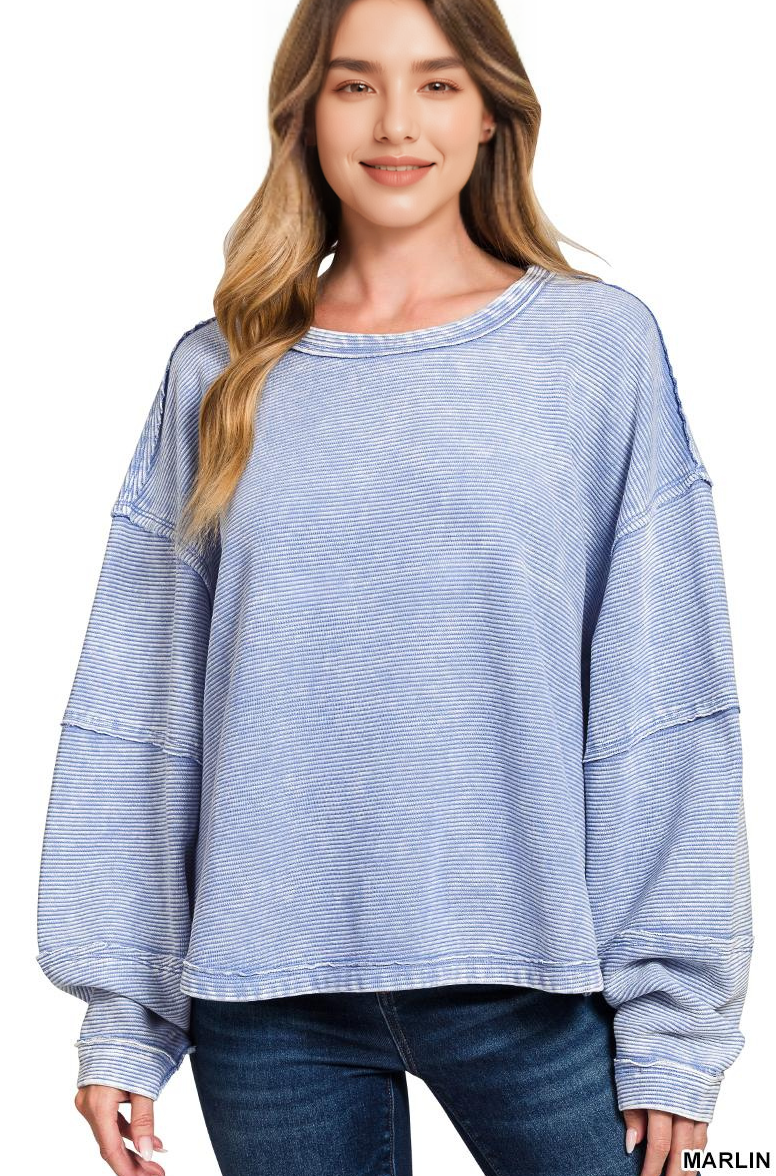 Acid Washed Double Ribbed Exposed Seam Cropped Pullover: MARLIN