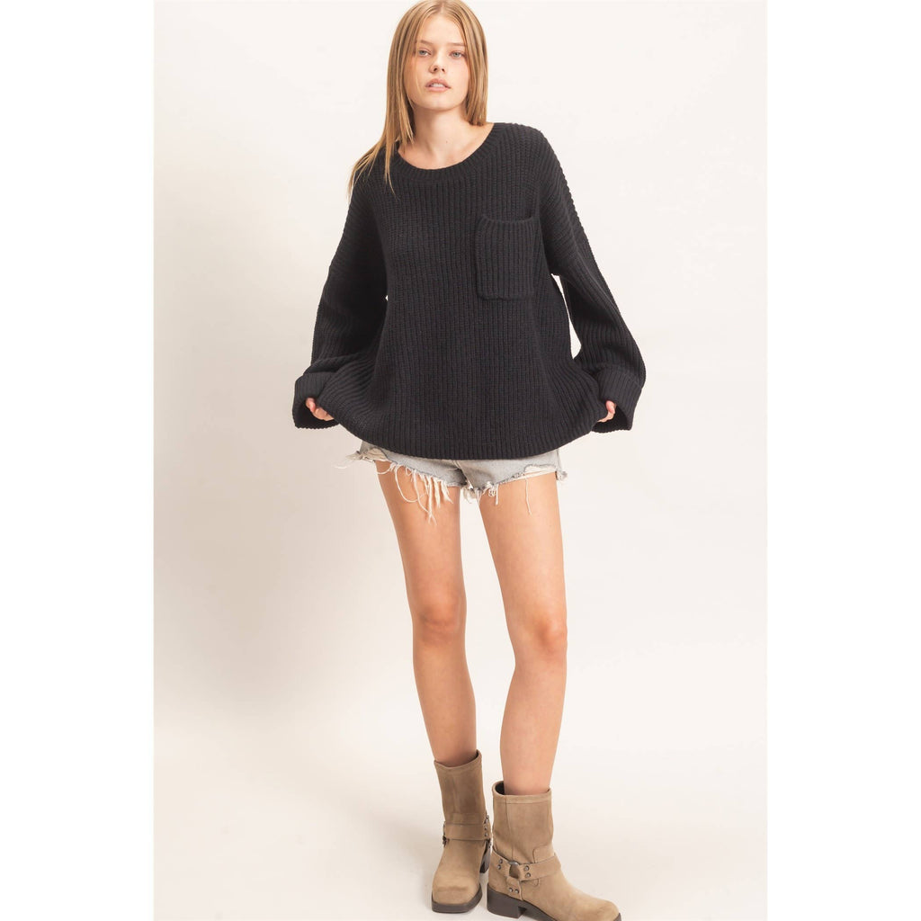 Ribbed Knit Patch Pocket Sweater: BLACK