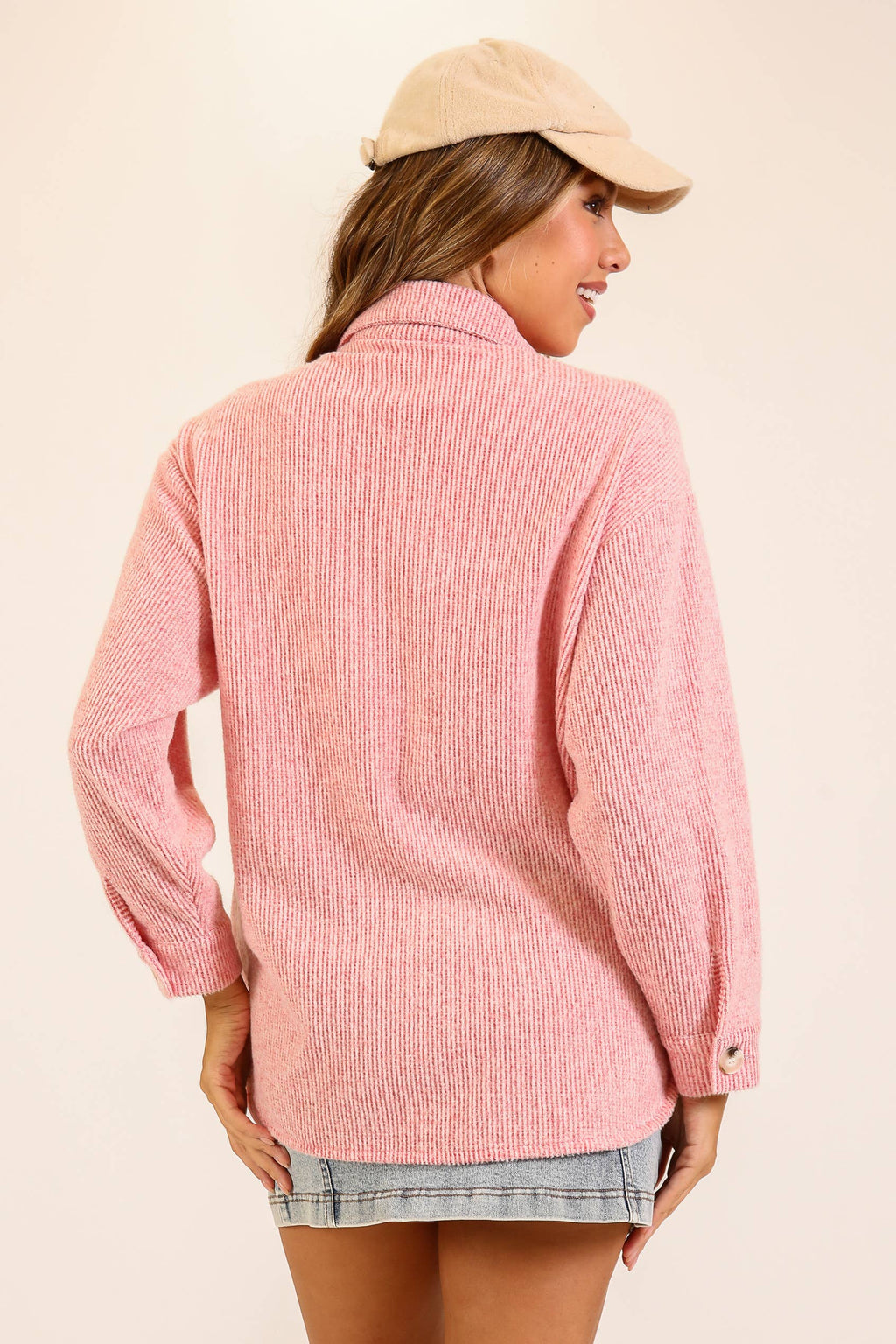 Brushed Waffle Button-Up Shacket: Red